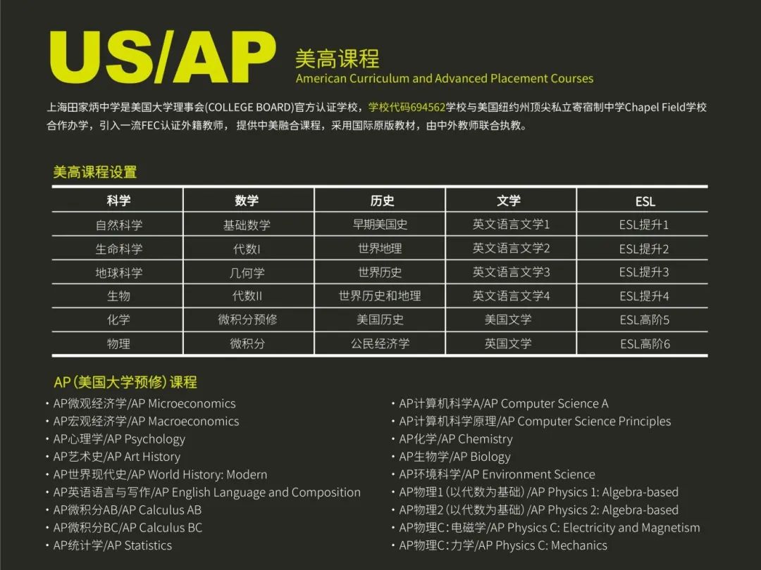 上海田家炳中學(xué)國際部：與美國私立名校合作，開設(shè)AP/A-Level課程